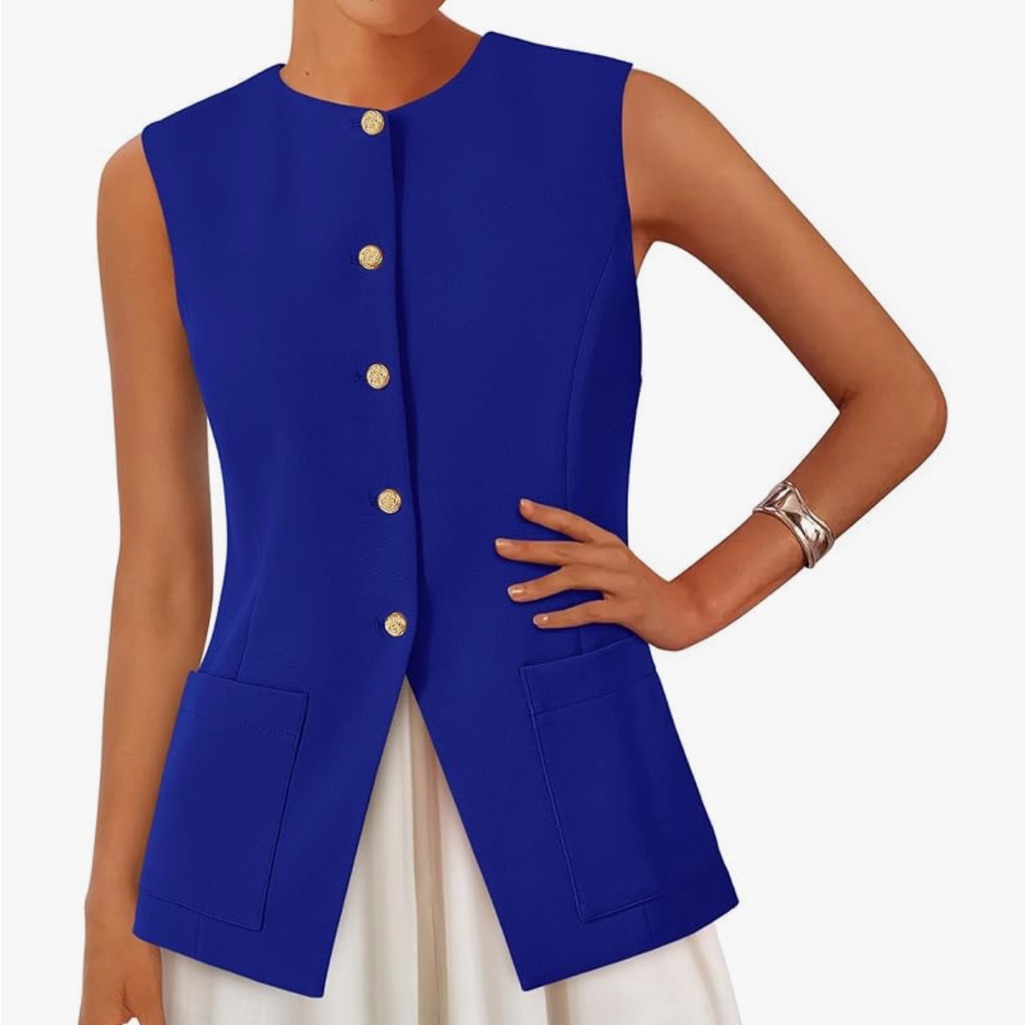 Sleeveless Royal Blue Button Front Blouse Vest